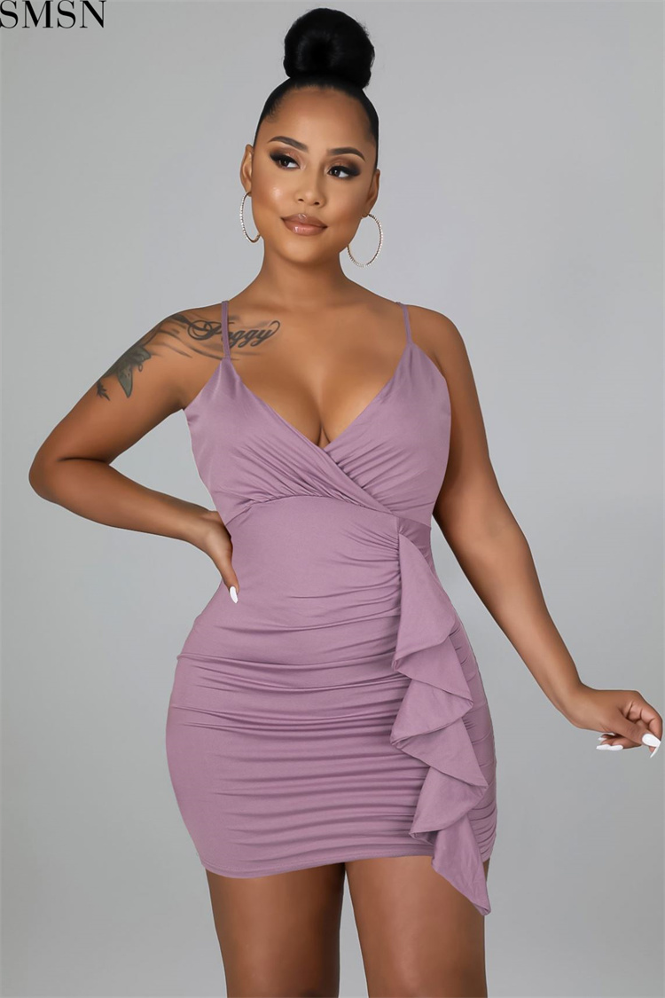 Fashion women dress sexy ruffled V neck topless sling bag hip nightclub dress