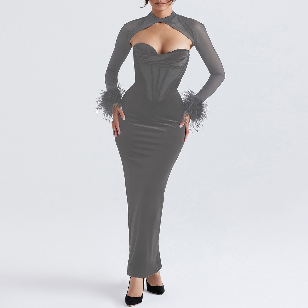 Plush Mesh Stitching Sexy Nightclub Style Hollow Out Long Skirt Slim Dress