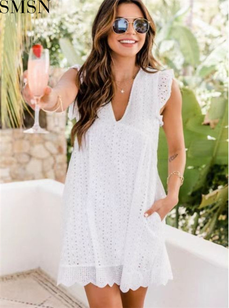 Plus Size Dress 2022 New lace jacquard cut-out V-neck dress women's pocket fabric shorts