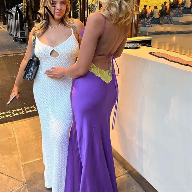 Fashionable sexy spice girl spell color halter belt dress hook flower hollow V collar back waist long Casual Dress