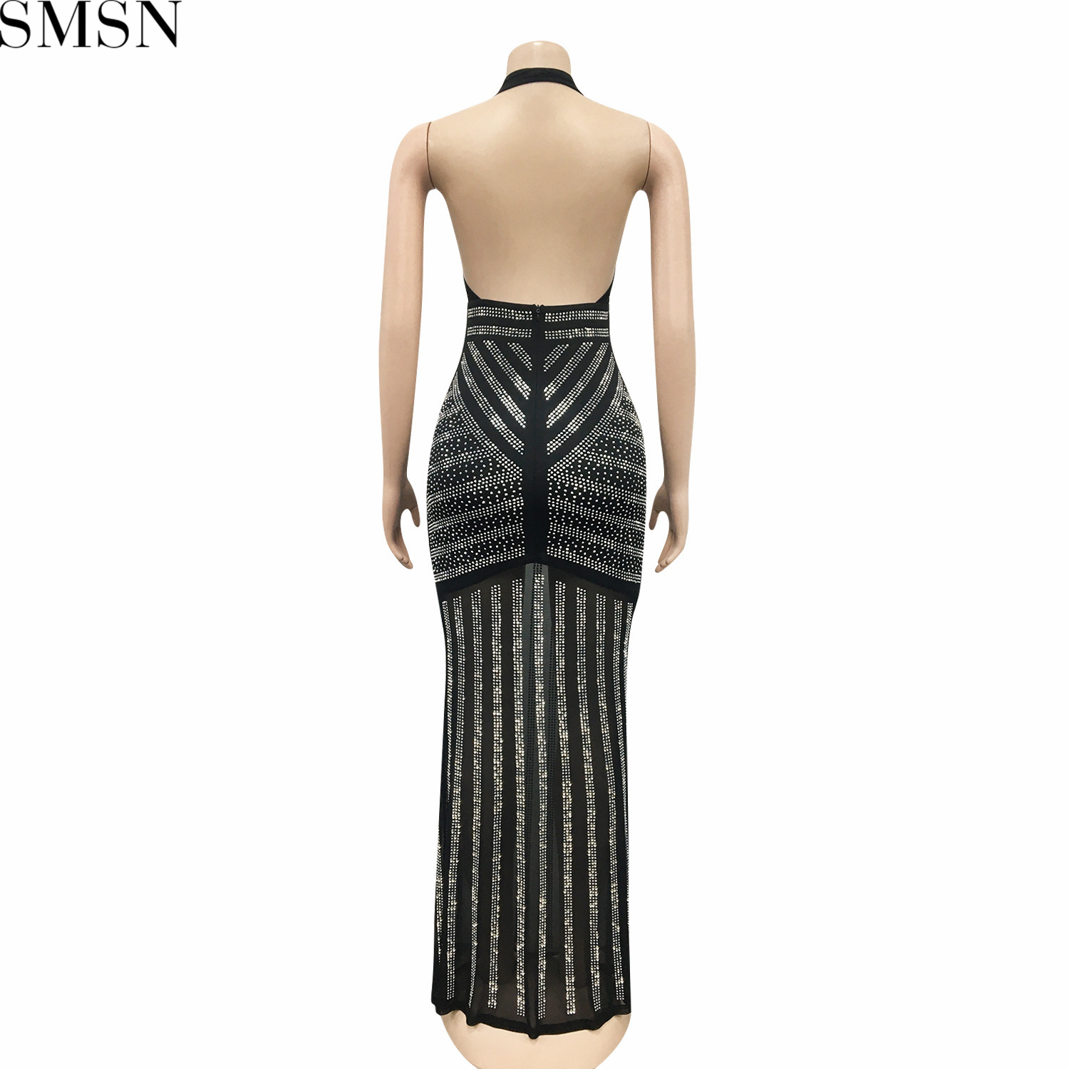 Fashion women dress deep V-neck and backless nightclub party formal dress rhinestone see-through dress plus size casual dress