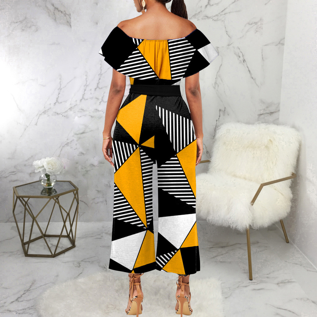 Sexy and fashionable one-line collar bra printed jumpsuit