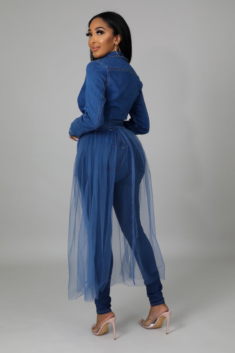 Denim stitched mesh long windbreaker