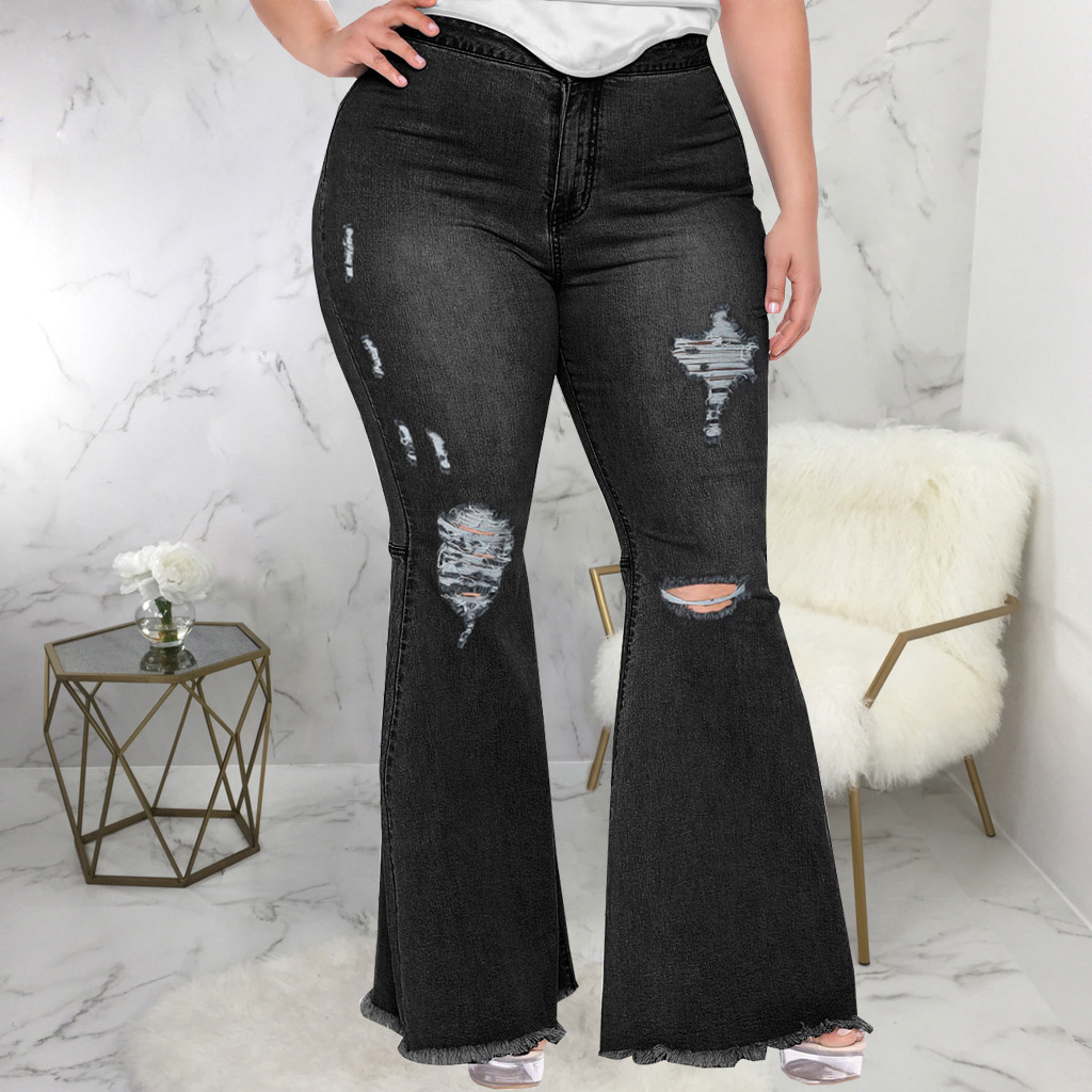 Fashion Slim Fit Wide Leg Perforated Plus Size Flare Jeans