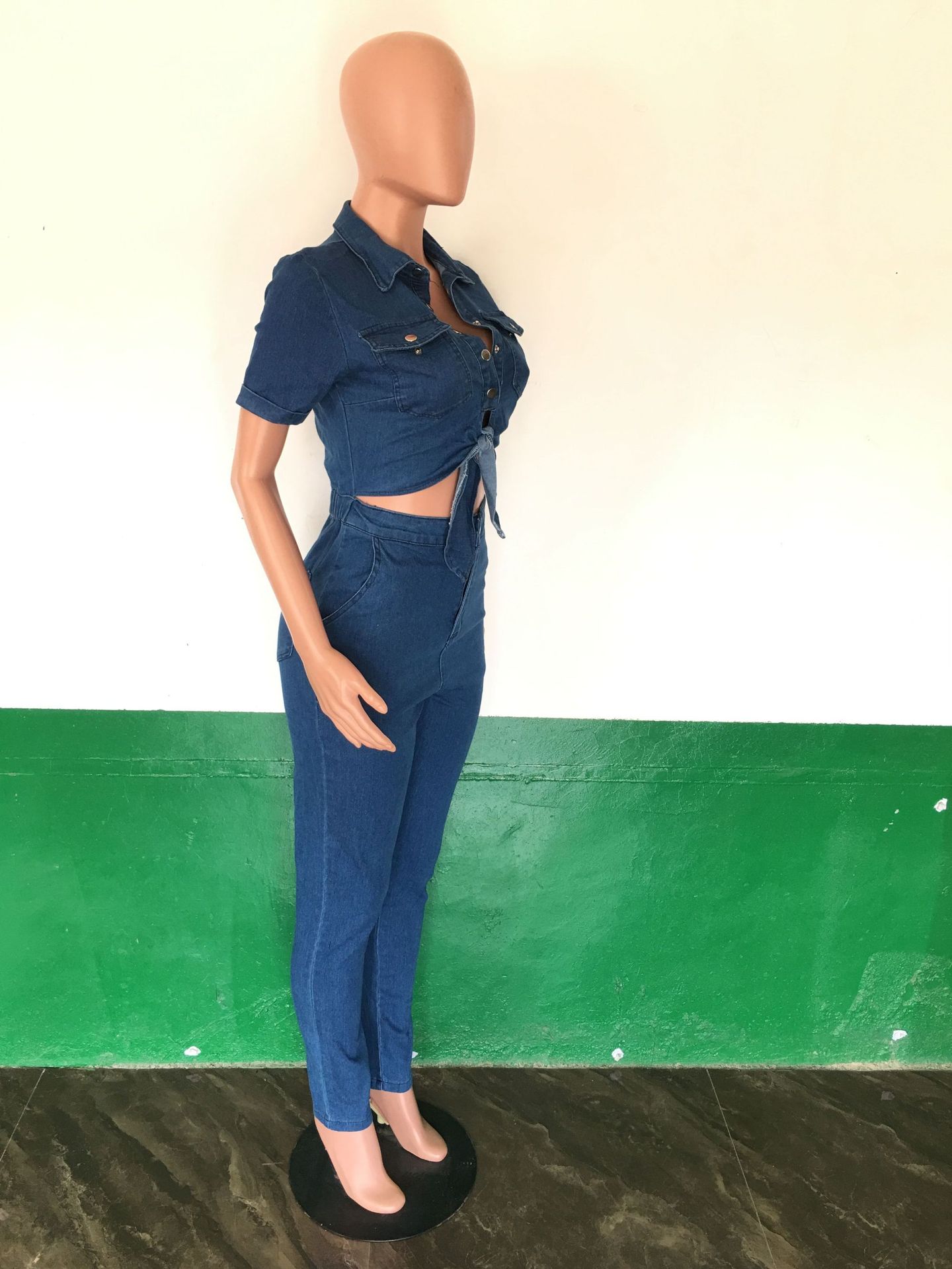 Sexy slim fitting fashion short sleeved denim jumpsuit