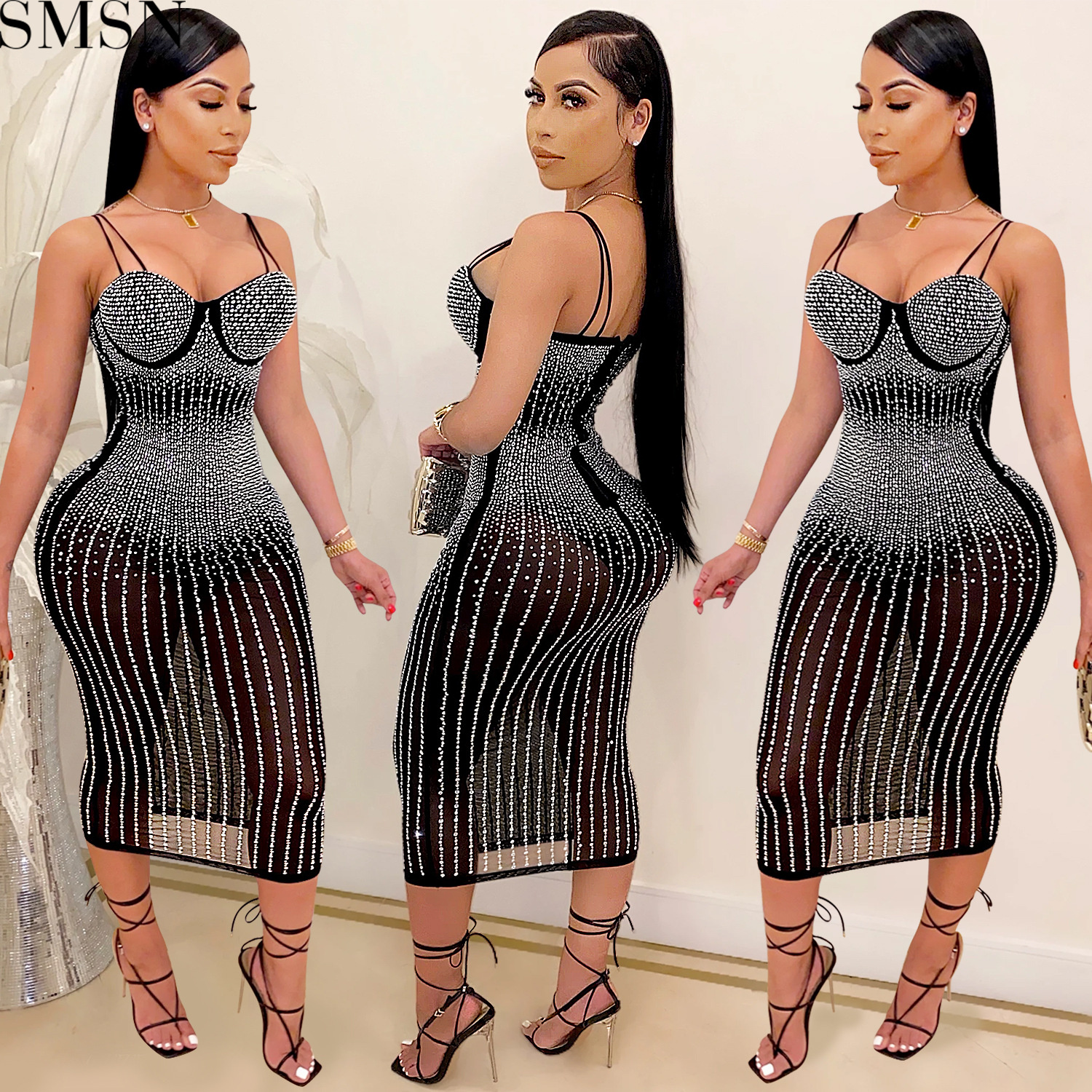 Fashion women's wear Party nightclub mesh see-through rhinestone Diamond strap dress plus size casual dress