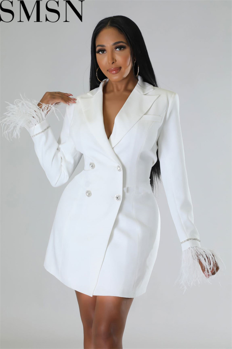 Plus size dress autumn and winter European and American sexy hot drilling furry double breasted dress