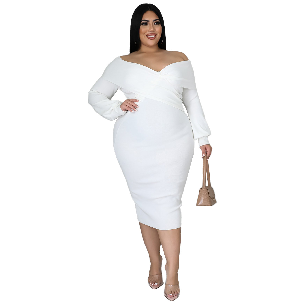 Plus Size Dress V neck solid color midi dress sexy dress wish hot sale