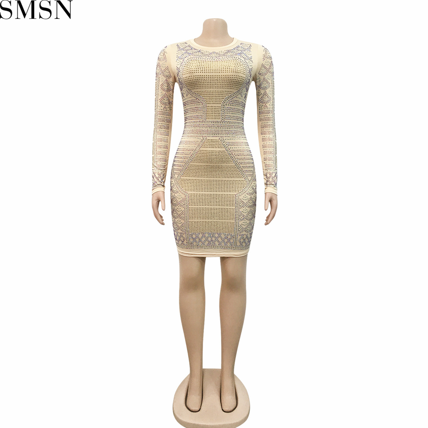 Fashion women dress new sexy nightclub milk fiber rhinestone colorful crystals long sleeve dress