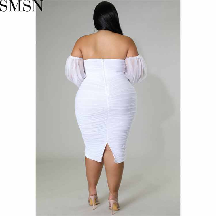 Plus Size Dress autumn new large size women dress skinny mesh pleated long sleeve one step dress