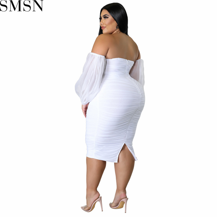 Plus Size Dress autumn new large size women dress skinny mesh pleated long sleeve one step dress