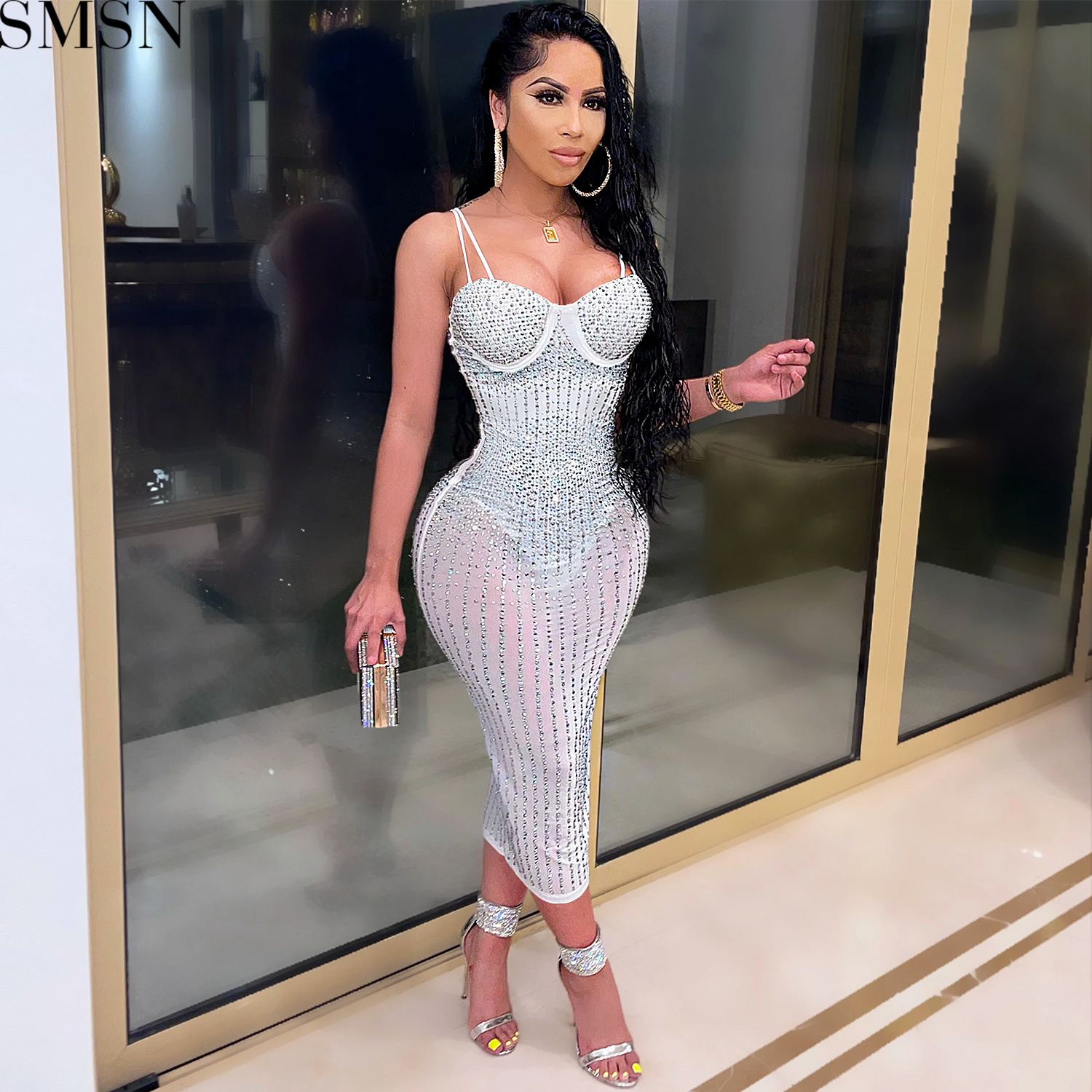 Fashion women's wear Party nightclub mesh see-through rhinestone Diamond strap dress plus size casual dress