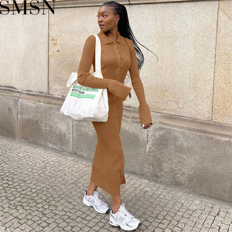 Fashion women dress Amazon long sleeve V neck long button bell sleeve dress sweater