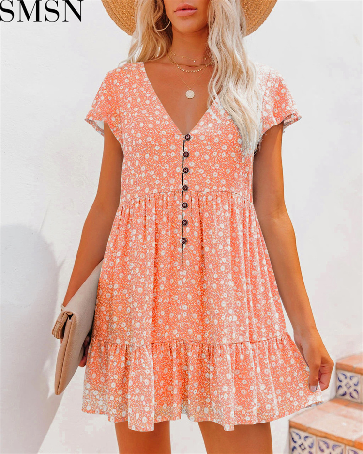 Spring and summer V-neck buttons small floral short sleeve loose casual dress women's clothing plus size casual dress