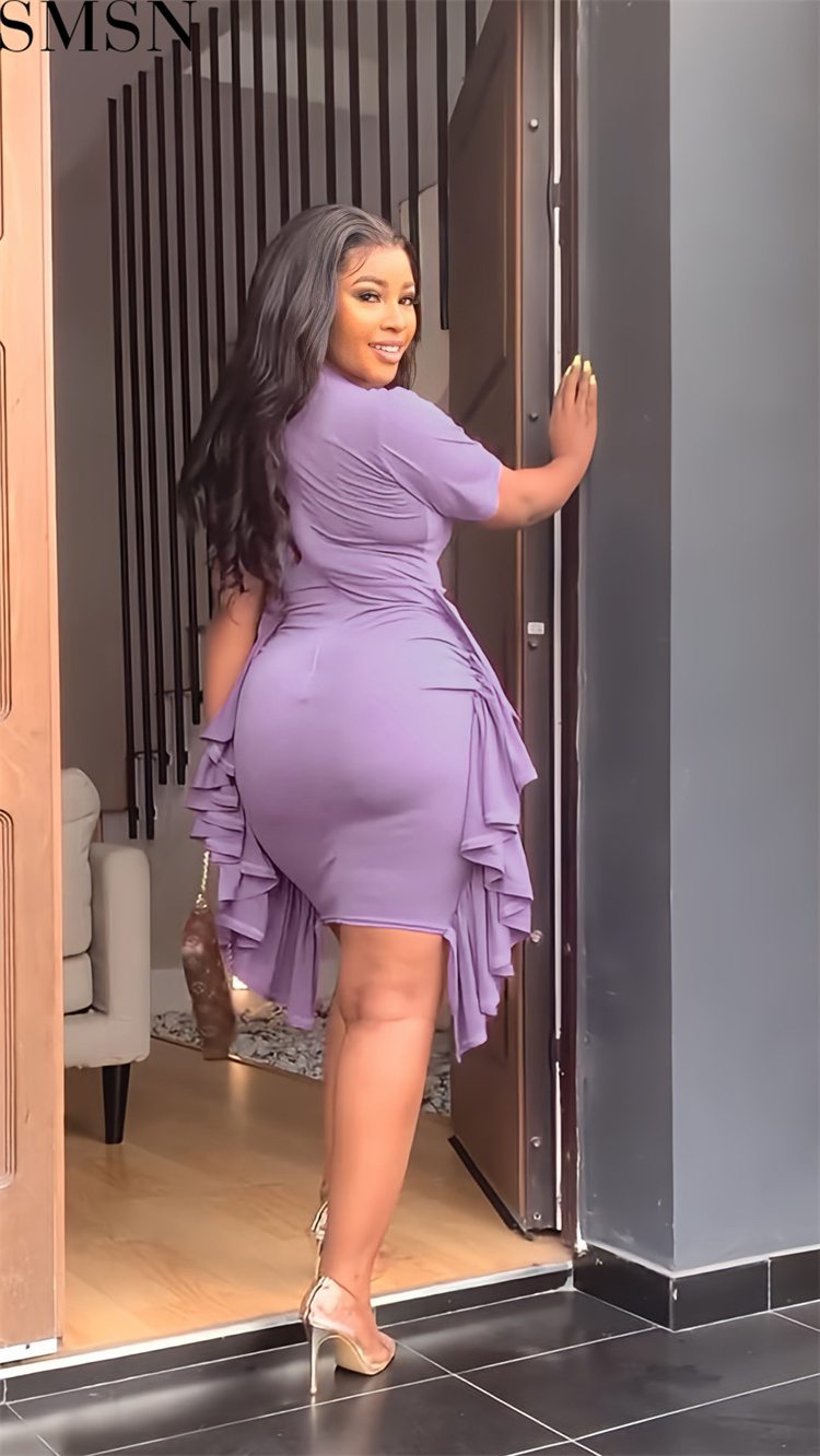 Plus Size Dress European and American AliExpress irregular ruffled slim pleated dress