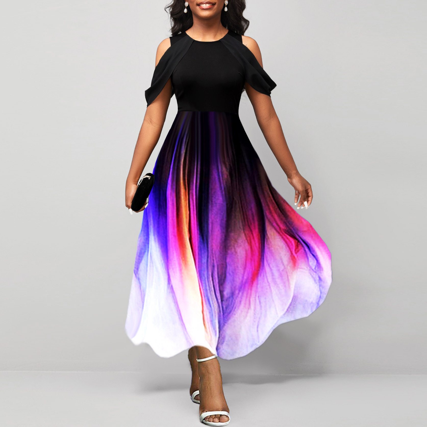 Sexy Off Shoulder Gradient Printed Short Sleeve Long Dress