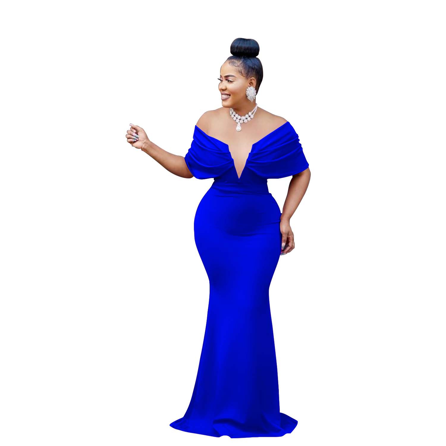 Solid Off Shoulder Deep V Open Back Fishtail Dress