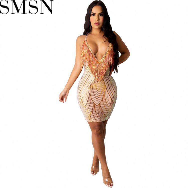 Plus Size Dress Amazon hot selling sexy sling sequin tassel dress