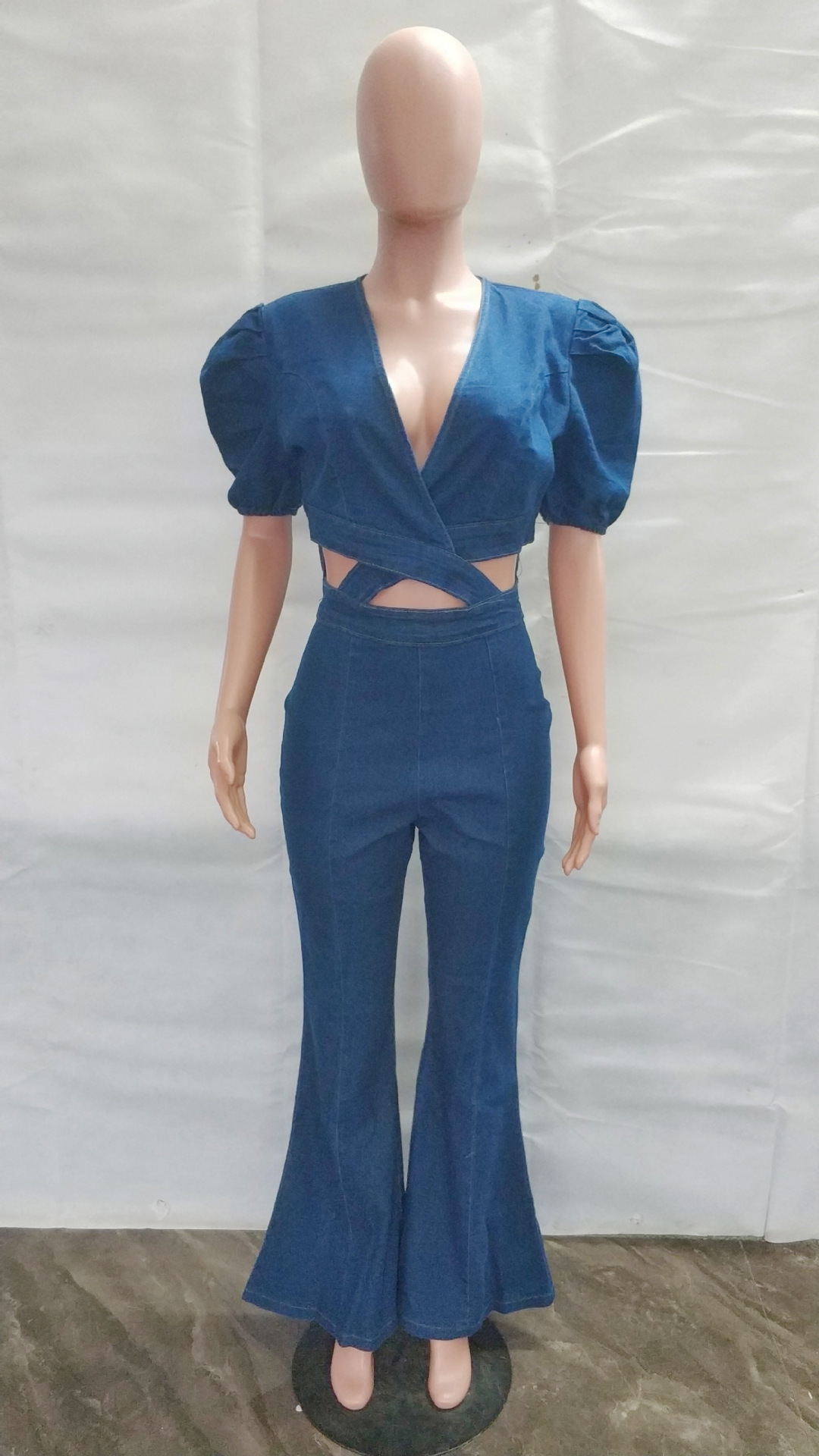 Lantern sleeve fashion casual sexy denim hollow out jumpsuit