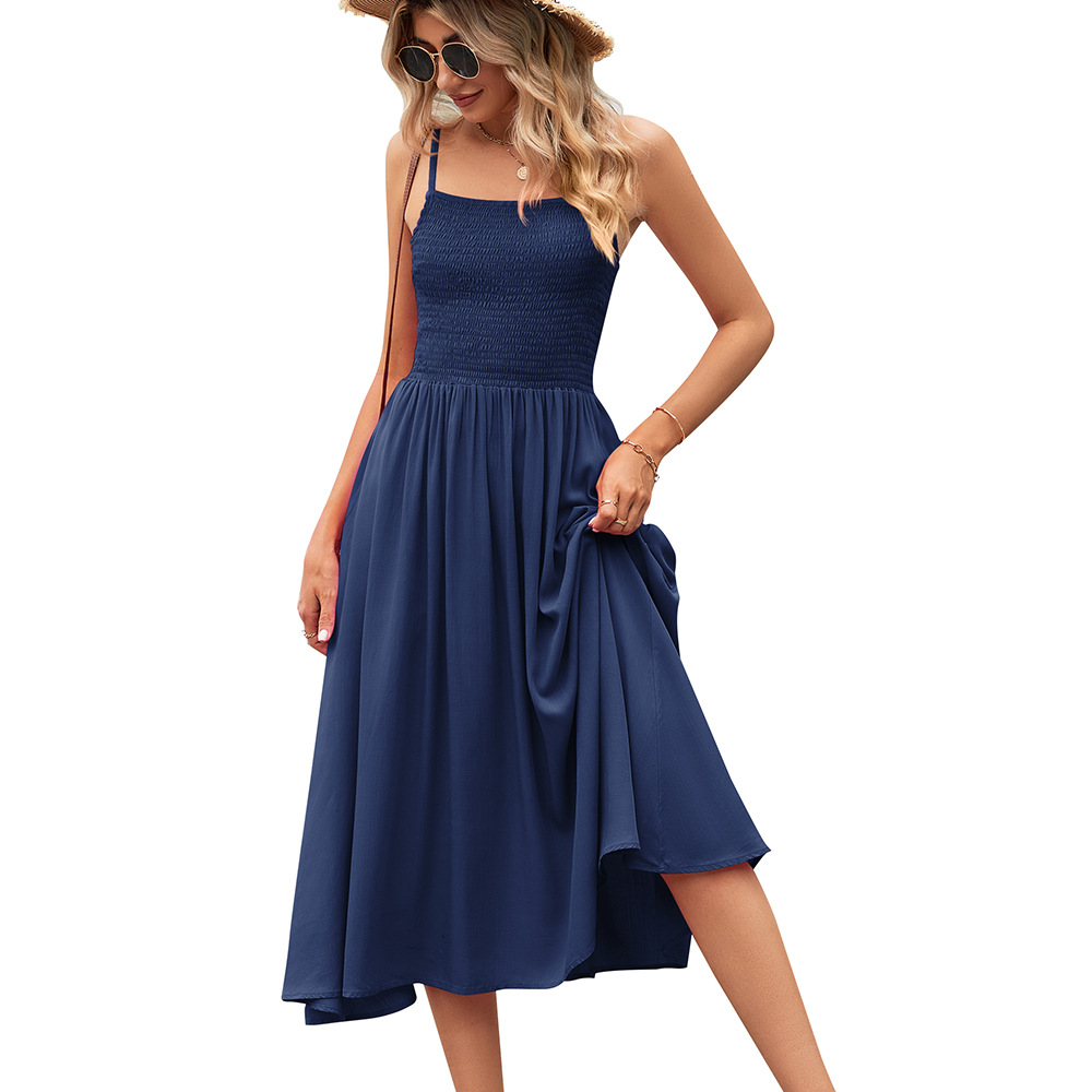 Women'S Sleeveless Pleated Solid Color Suspender Dress