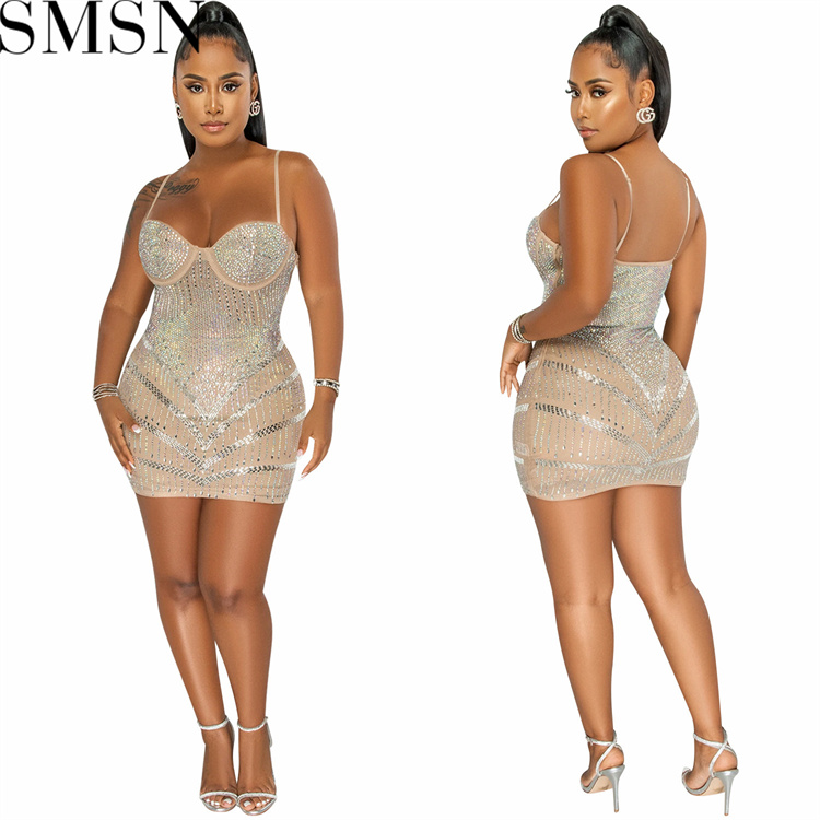Casual Dress Amazon nightclubs hot rhinestone sexy see through wrapped chest midi dress