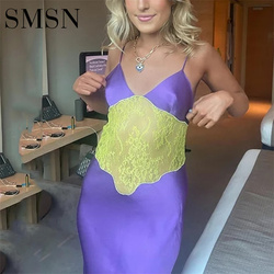 Fashionable sexy spice girl spell color halter belt dress hook flower hollow V collar back waist long Casual Dress