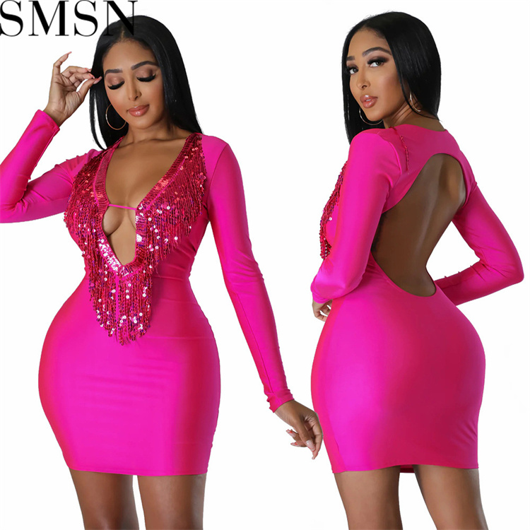 Plus size dress European and American women beaded halter fringe A line long sleeve dress