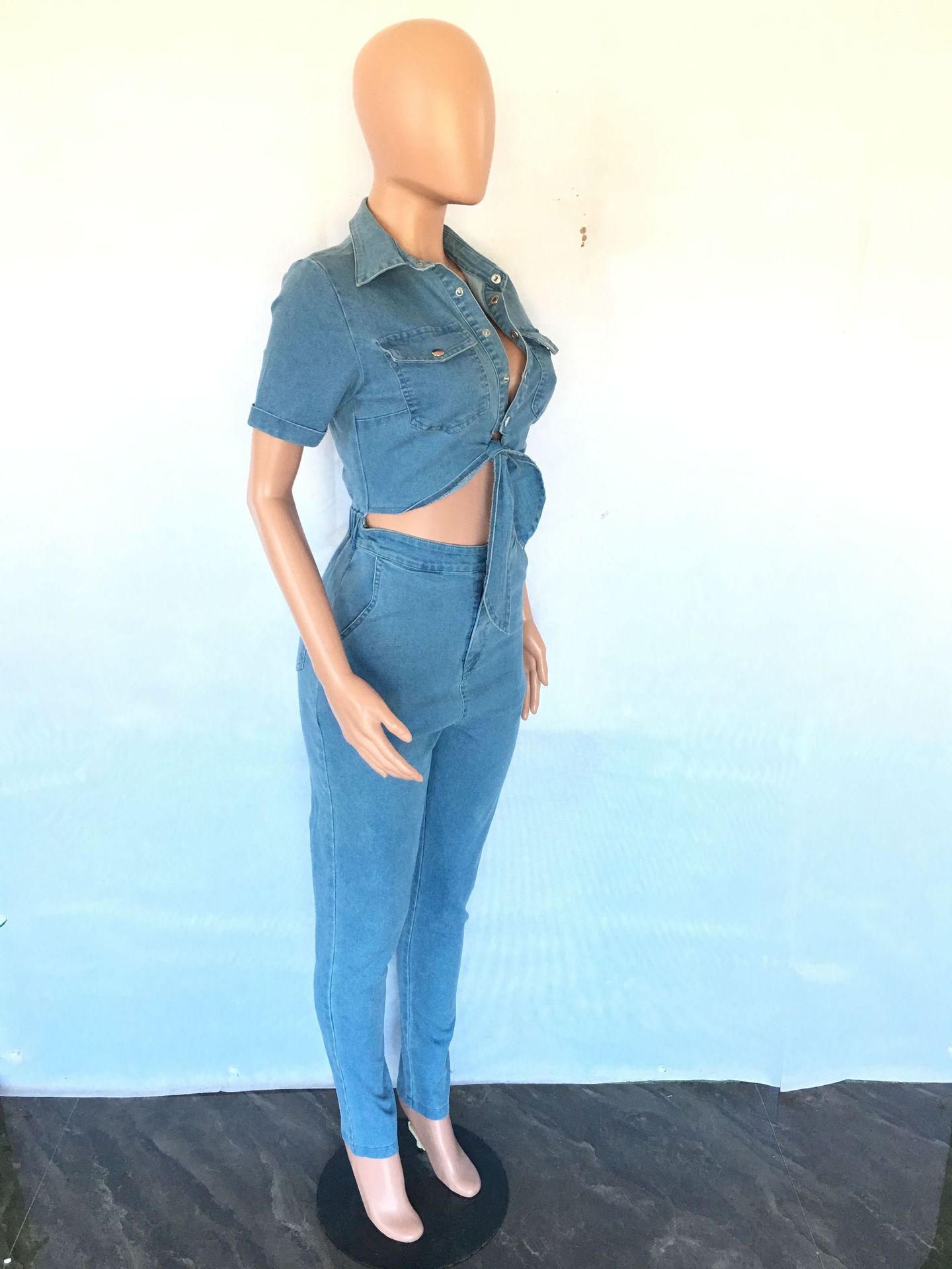 Sexy slim fitting fashion short sleeved denim jumpsuit