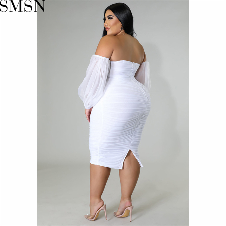 Plus Size Dress autumn new large size women dress skinny mesh pleated long sleeve one step dress