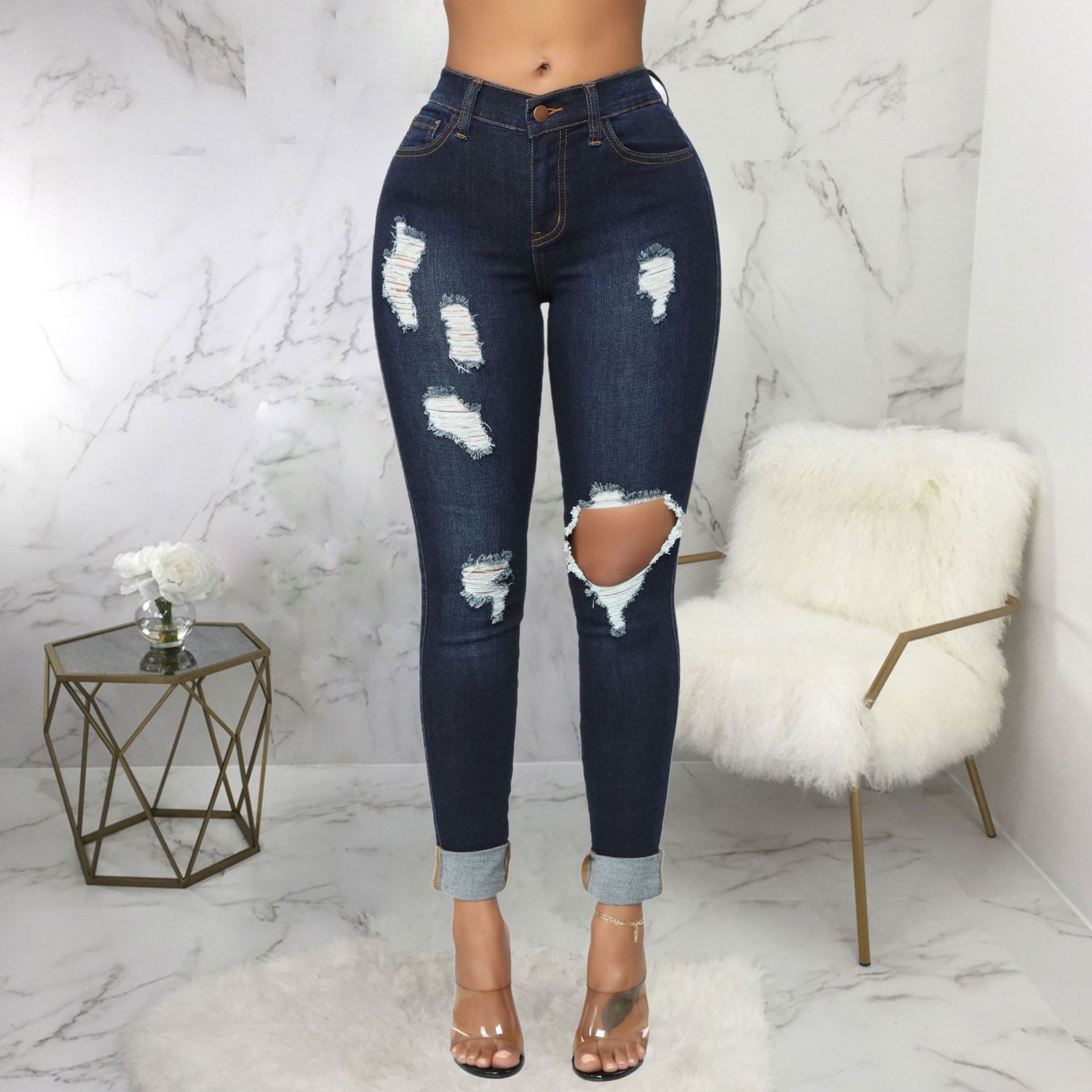 Fashion high waist denim hole tights