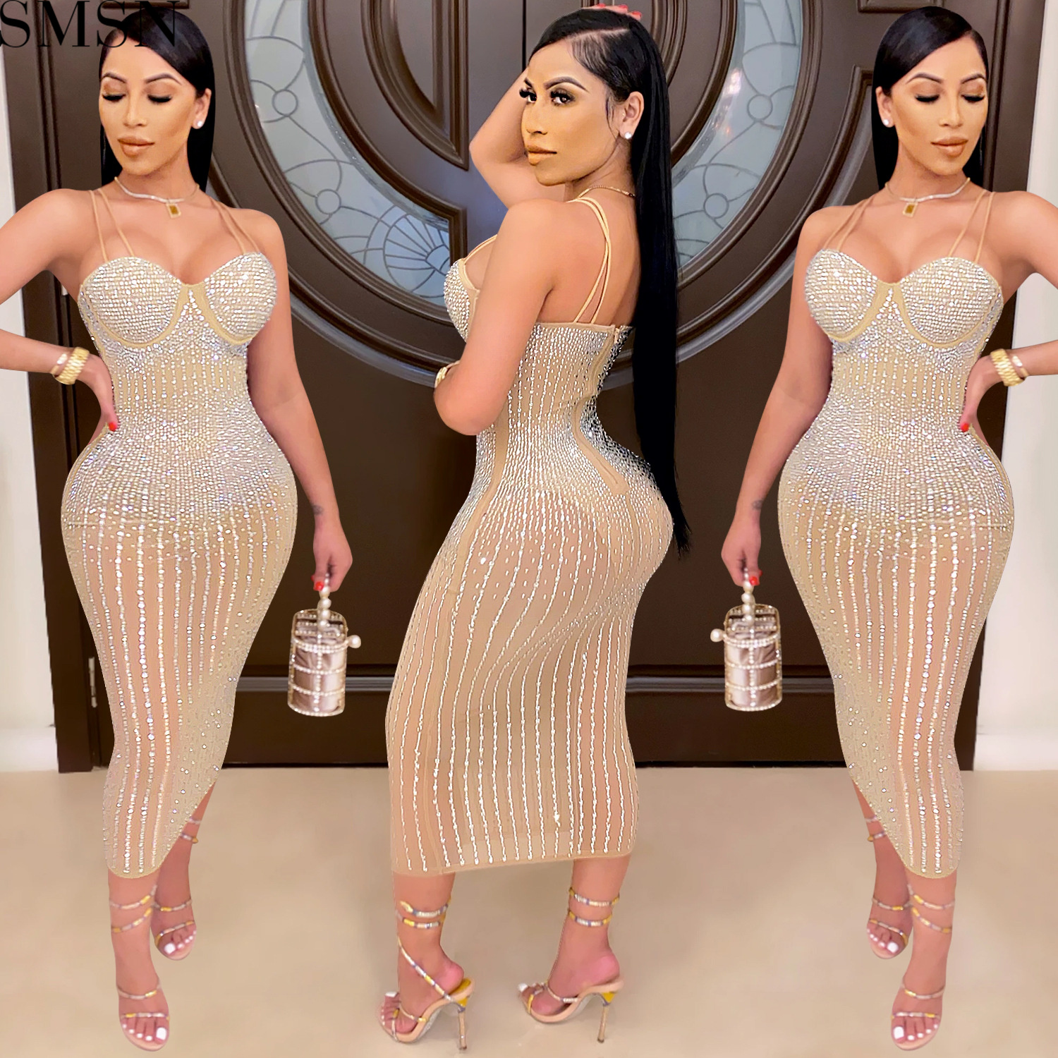 Fashion women's wear Party nightclub mesh see-through rhinestone Diamond strap dress plus size casual dress