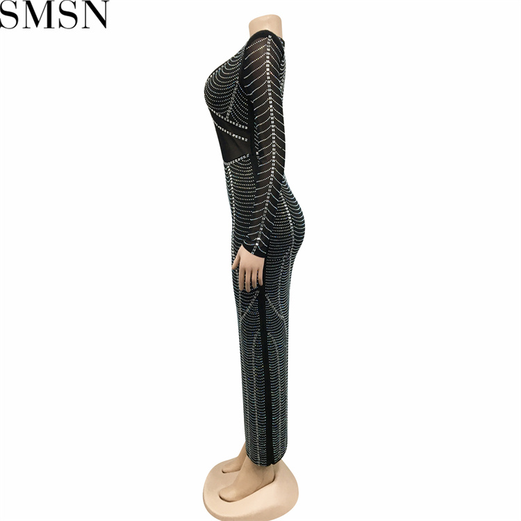 Casual Dress sexy nightclub hot rhinestone mesh see through V neck long sleeve dress for women