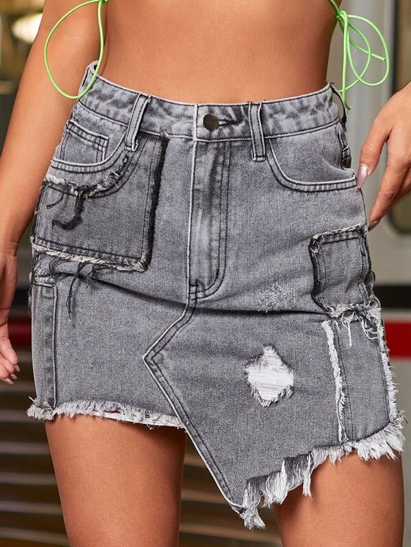 Fashionable jeans skirt with holes and buttocks