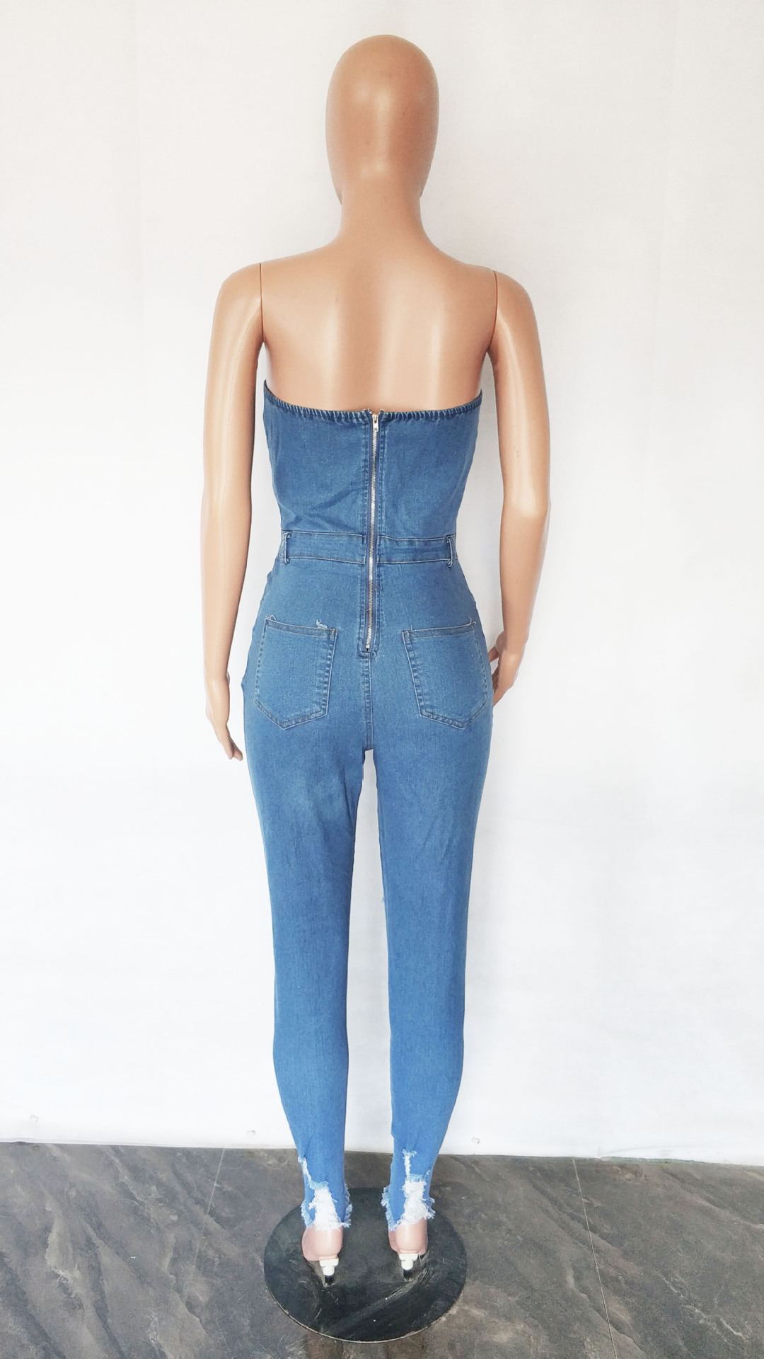 Fashion perforated Strapless jeans Jumpsuit