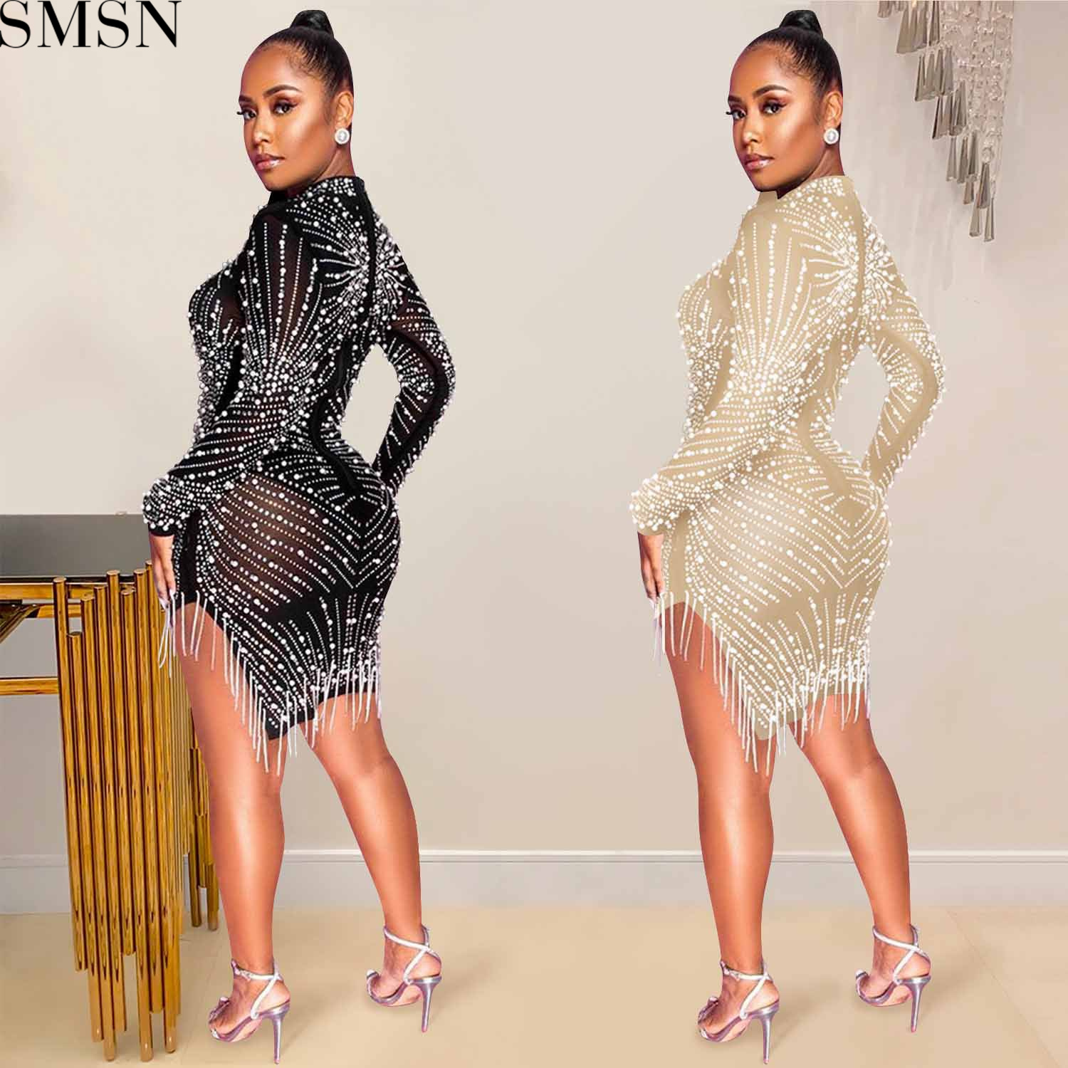 Fashion dress for women sexy nightclub mesh see-through hot rhinestone bubble bead tassel round-neck long-sleeved dress