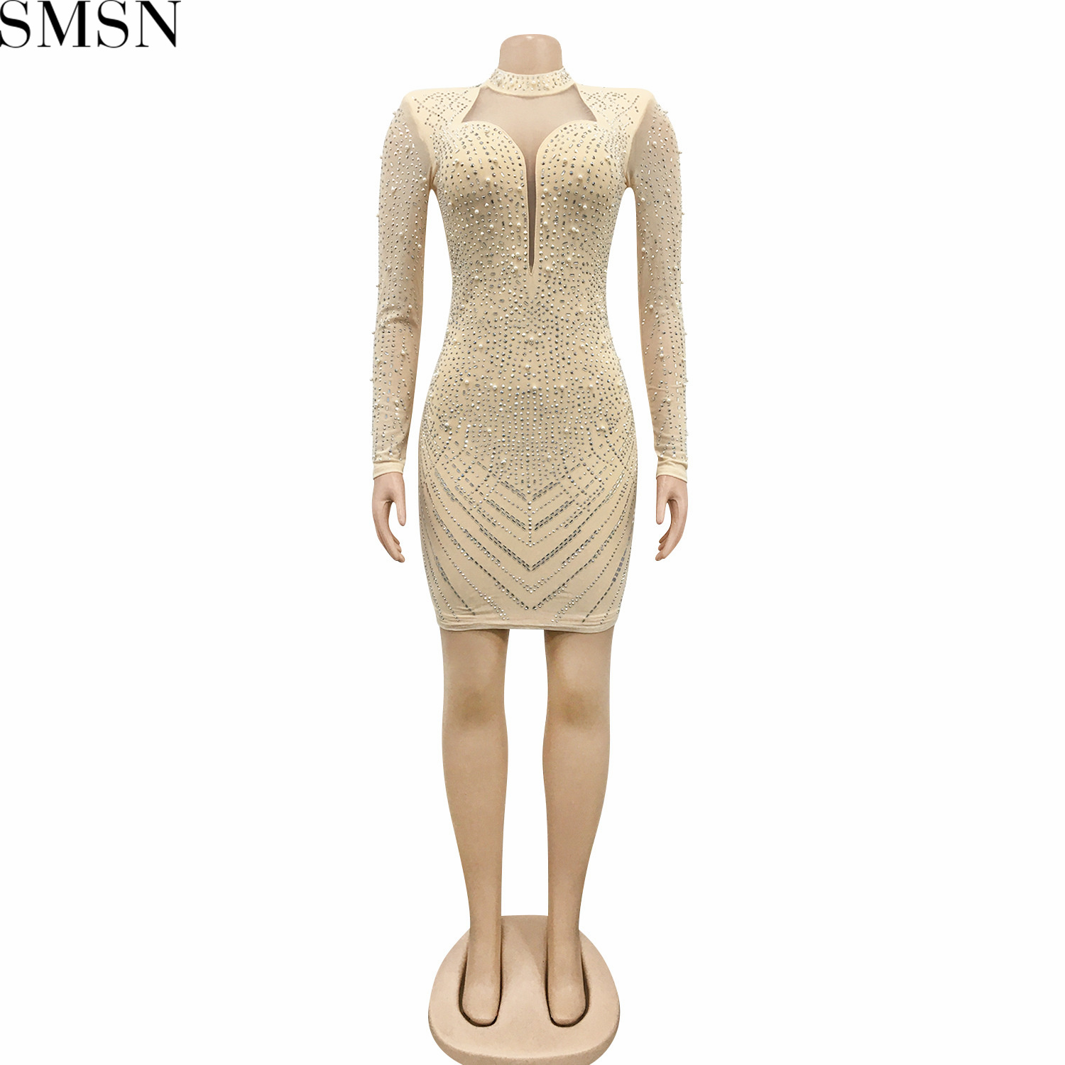 Plus Size Dress deep V nightclub party formal dress hot rhinestone mesh see-through women's clothing