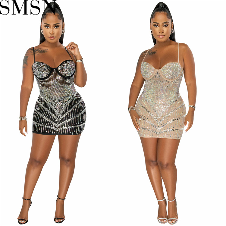 Casual Dress Amazon nightclubs hot rhinestone sexy see through wrapped chest midi dress