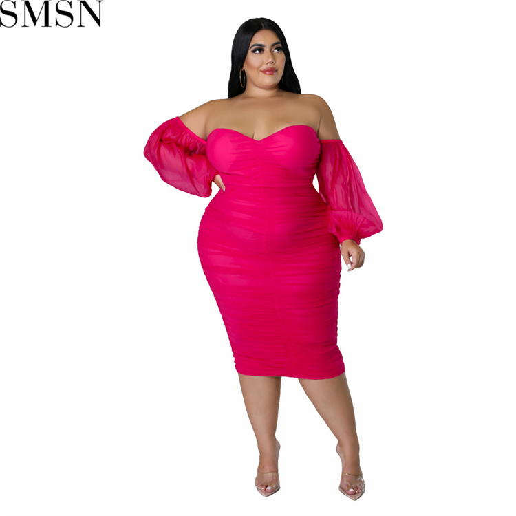 Plus Size Dress autumn new large size women dress skinny mesh pleated long sleeve one step dress