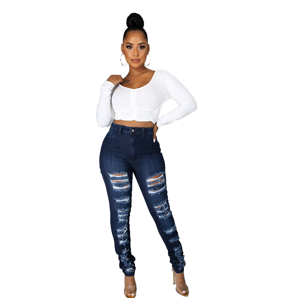 Fashion slim high waist holed jeans Leggings