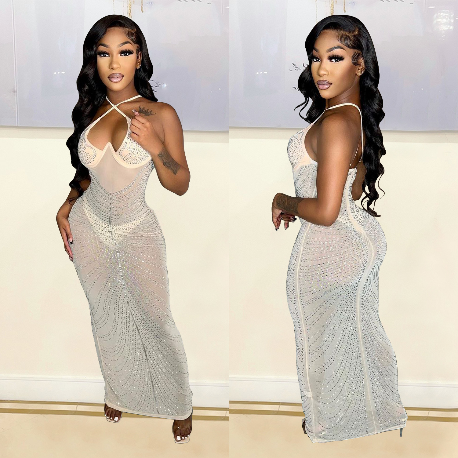 Sexy Mesh Hot Diamond Nightclub Strap Dress