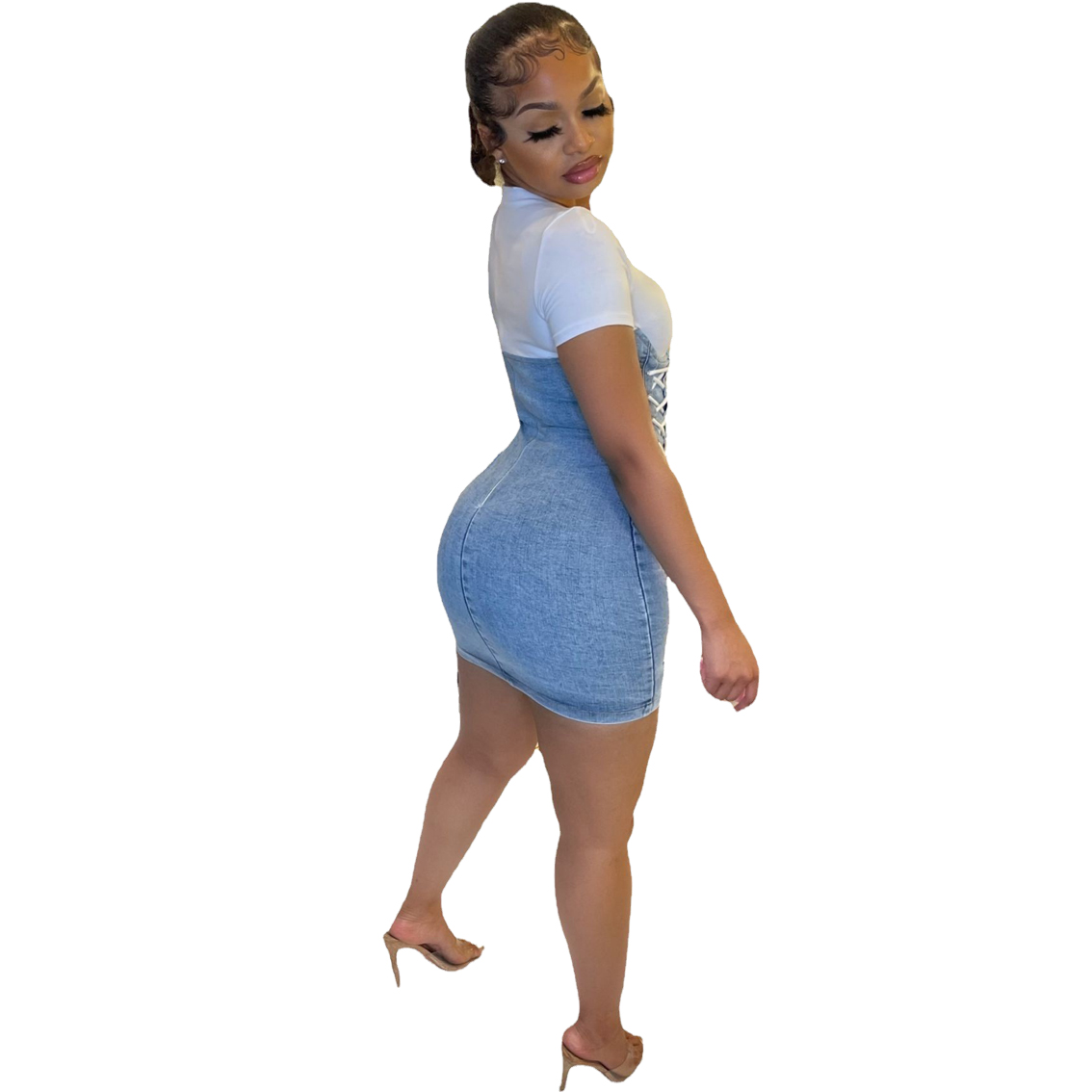 Fashion denim color matching sexy dress