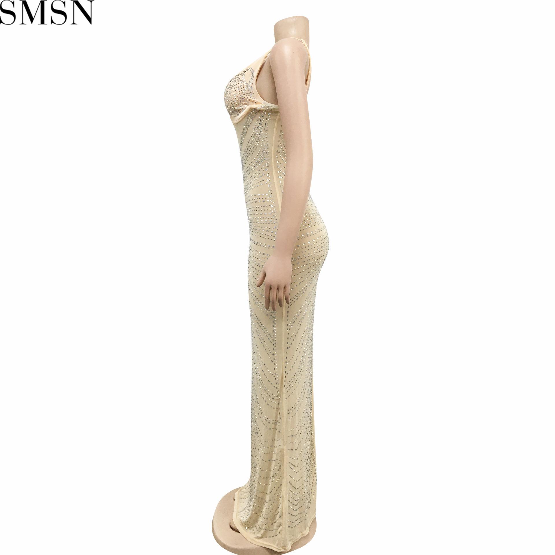 Plus Size Dress new hot rhinestone sexy spaghetti straps chest wrap mesh see-through maxi dress