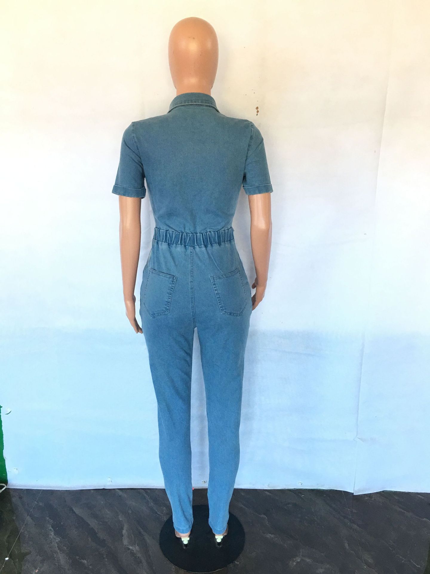 Sexy slim fitting fashion short sleeved denim jumpsuit