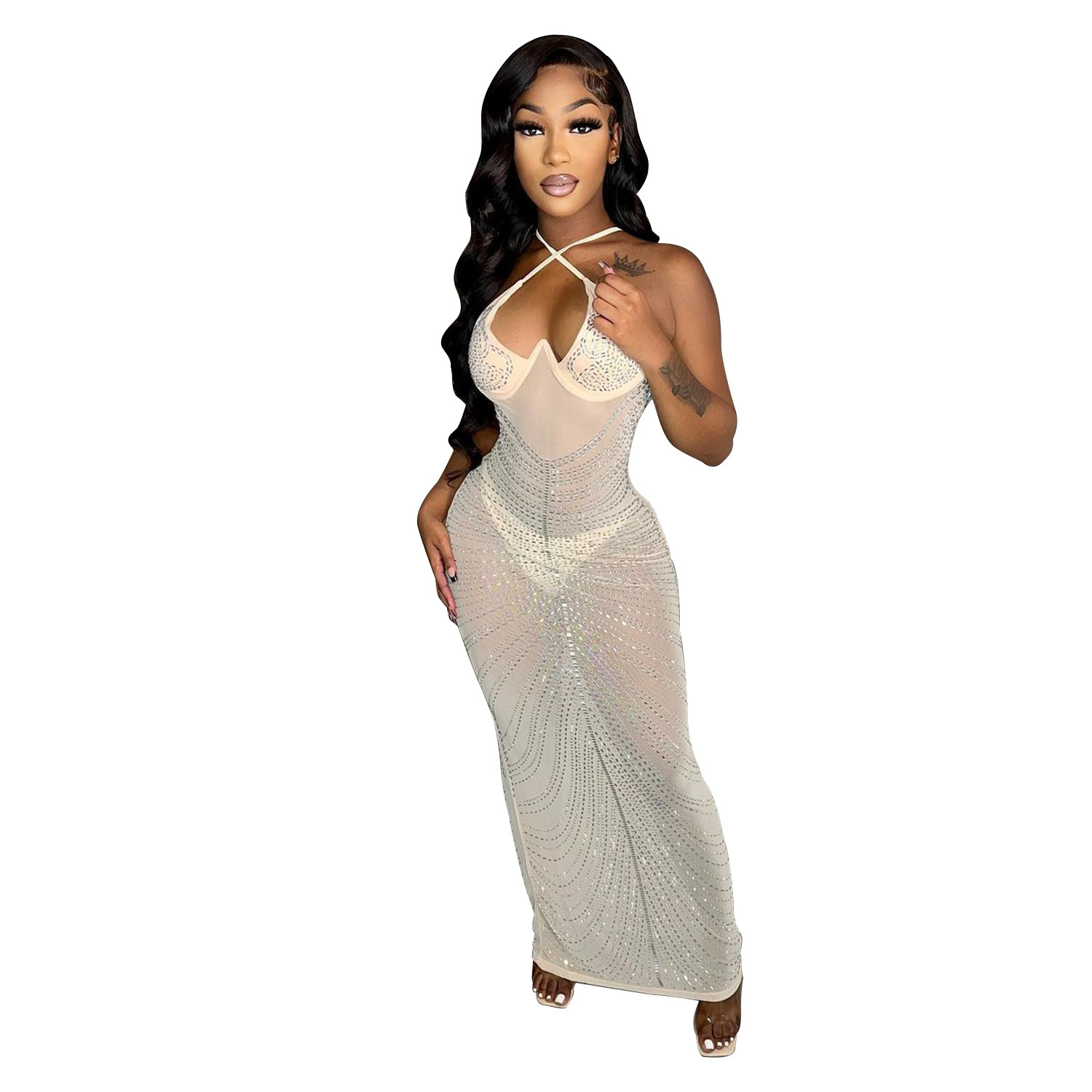Sexy Mesh Hot Diamond Nightclub Strap Dress