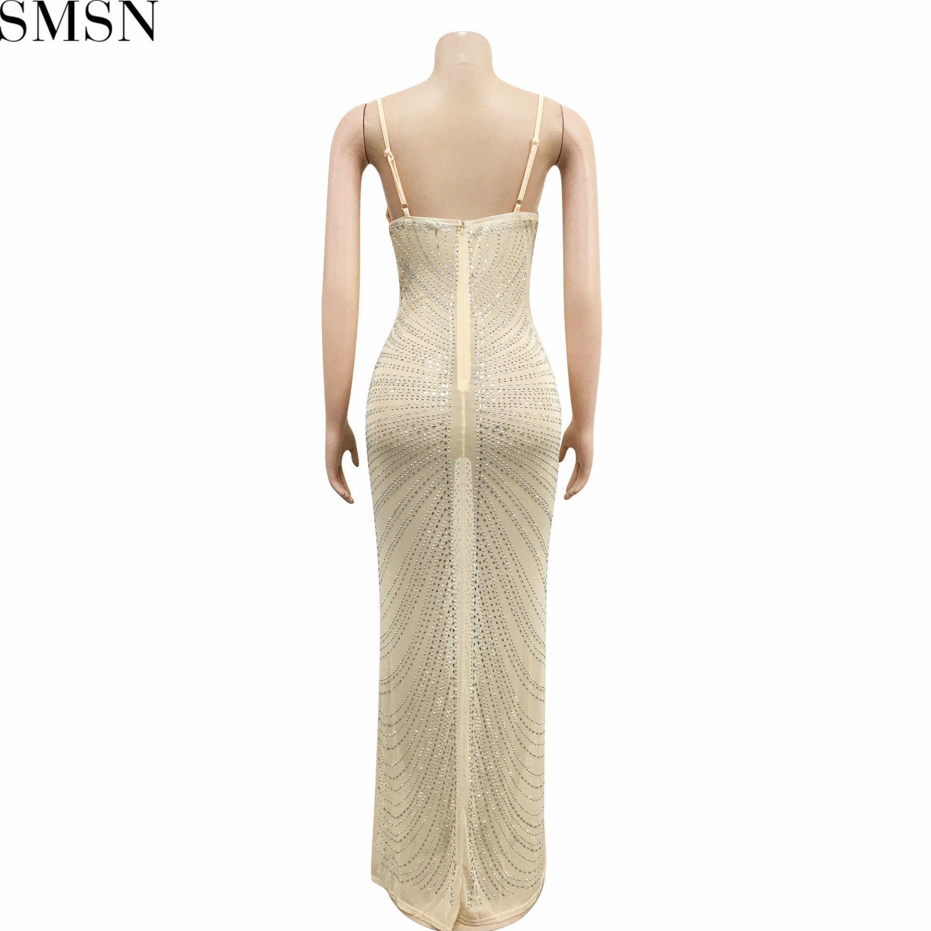 Plus Size Dress new hot rhinestone sexy spaghetti straps chest wrap mesh see-through maxi dress