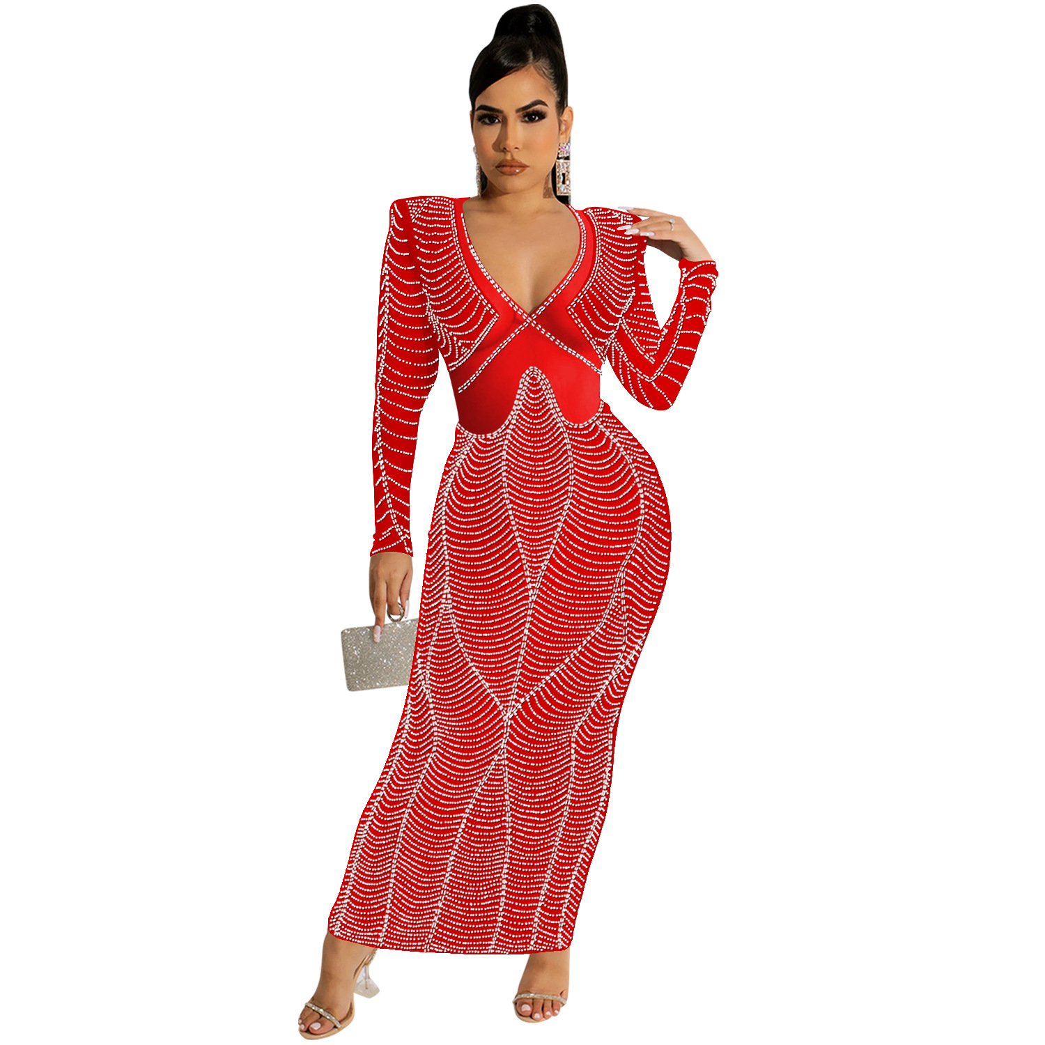 Casual Dress sexy nightclub hot rhinestone mesh see through V neck long sleeve dress for women