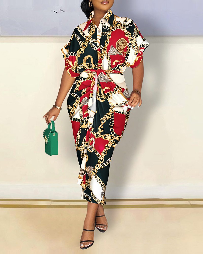 Long Sleeved V-Neck Button Printed Shirt Dress