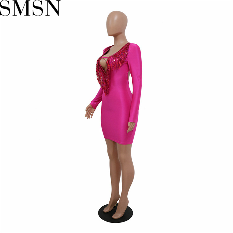 Plus size dress European and American women beaded halter fringe A line long sleeve dress