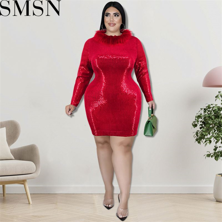 Plus Size Dress large size fall fur collar Velvet Bottom embroidered sequined dress