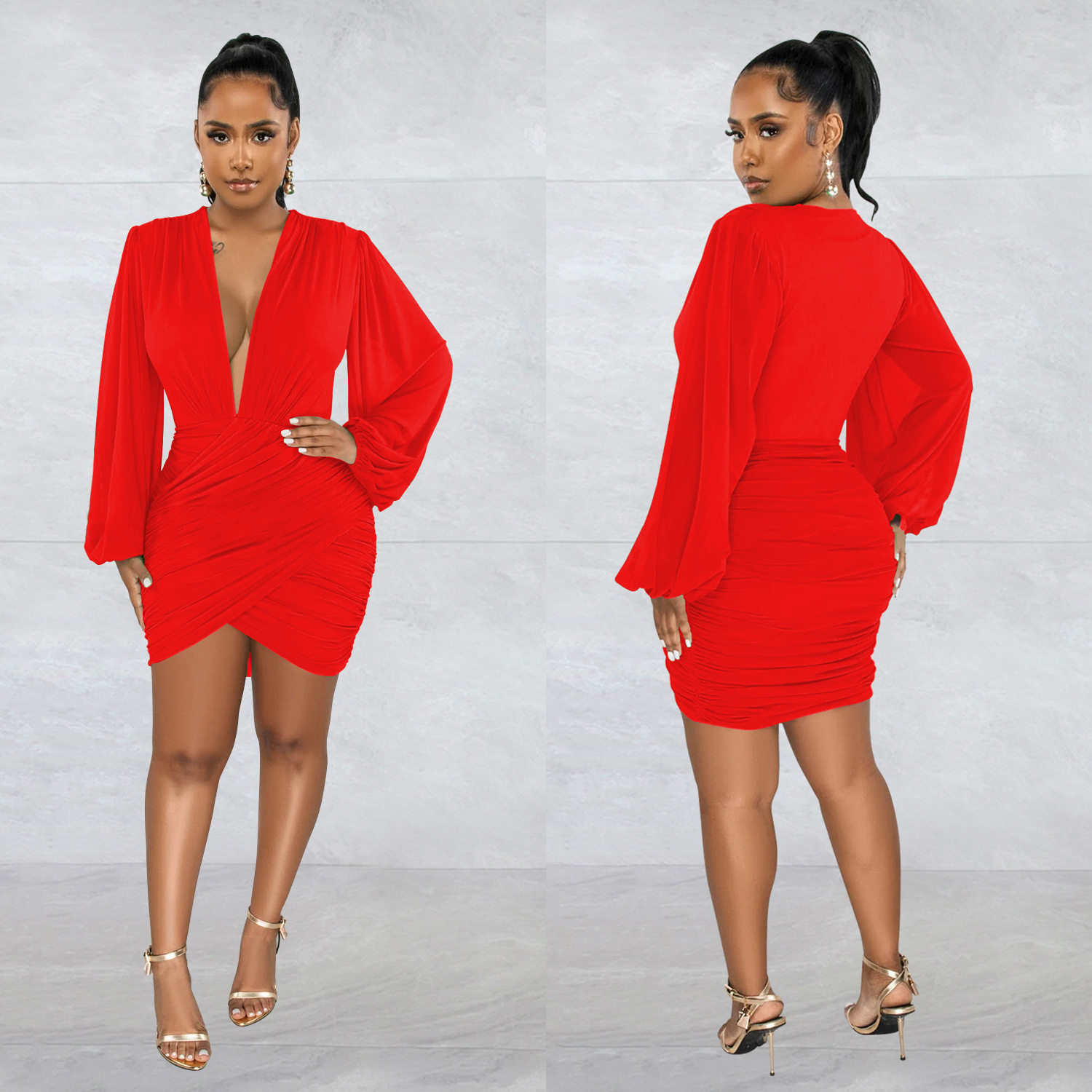 Women'S Solid Color Sexy V-Neck Long-Sleeved Pleated Dress